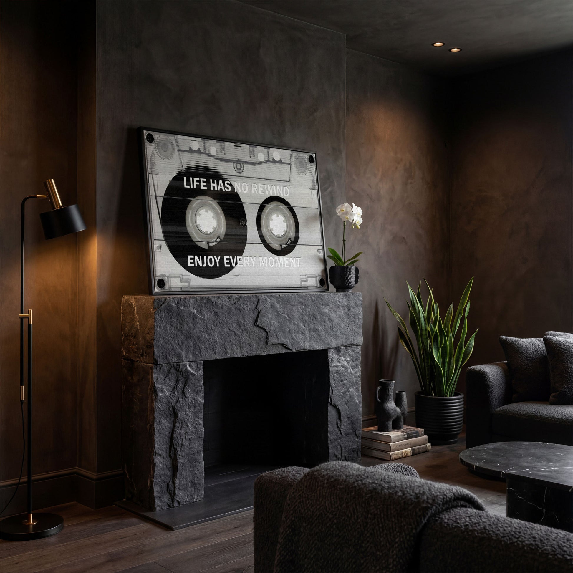 Cassette Tape Motivational Quote Canvas Wall Art in black floating frame