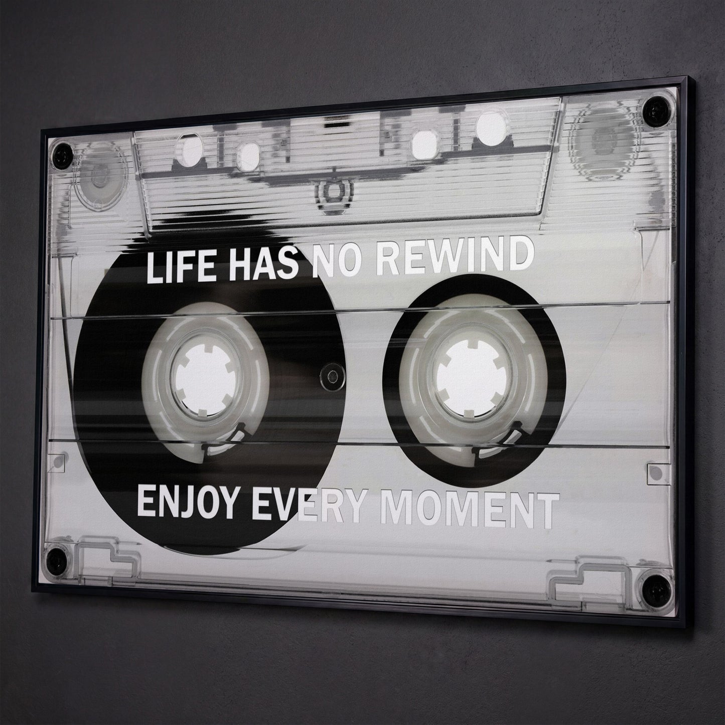 Cassette Tape Motivational Quote Canvas Wall Art shown in black floating frame