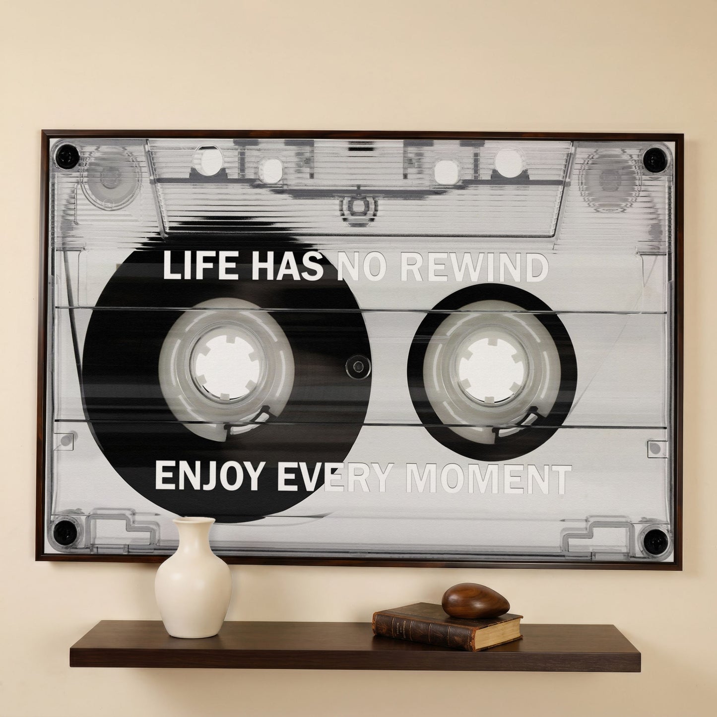 Cassette Tape Motivational Quote Canvas Wall Art in dark walnut floating frame
