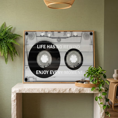 Cassette Tape Motivational Quote Canvas Wall Art in white oak floating frame