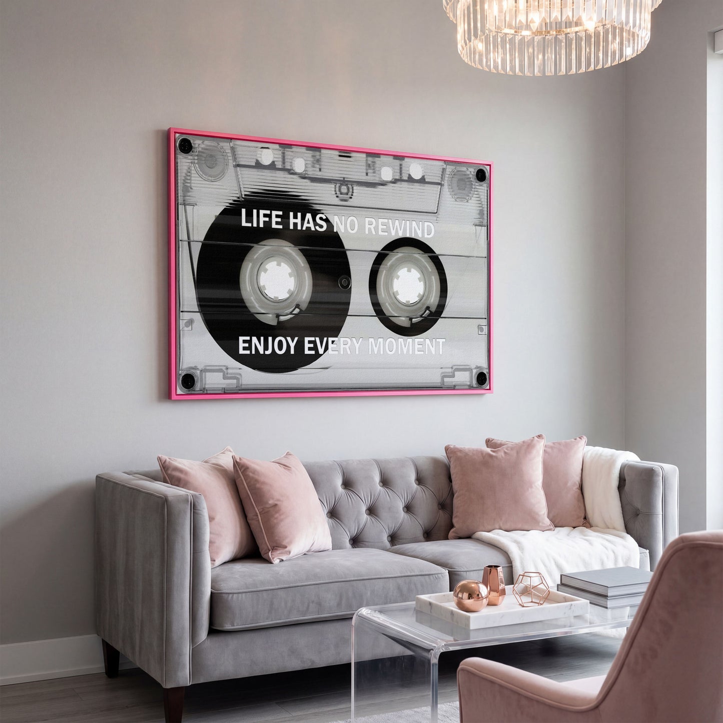 Cassette Tape Motivational Quote Canvas Wall Art in pink floating frame