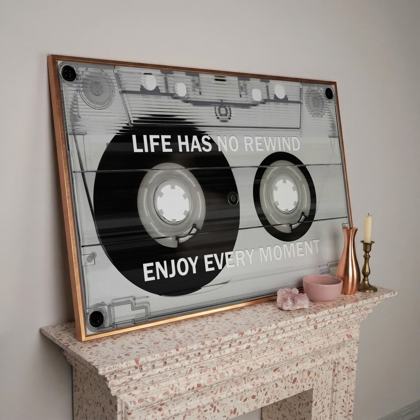Cassette Tape Motivational Quote Canvas Wall Art in rose gold floating frame