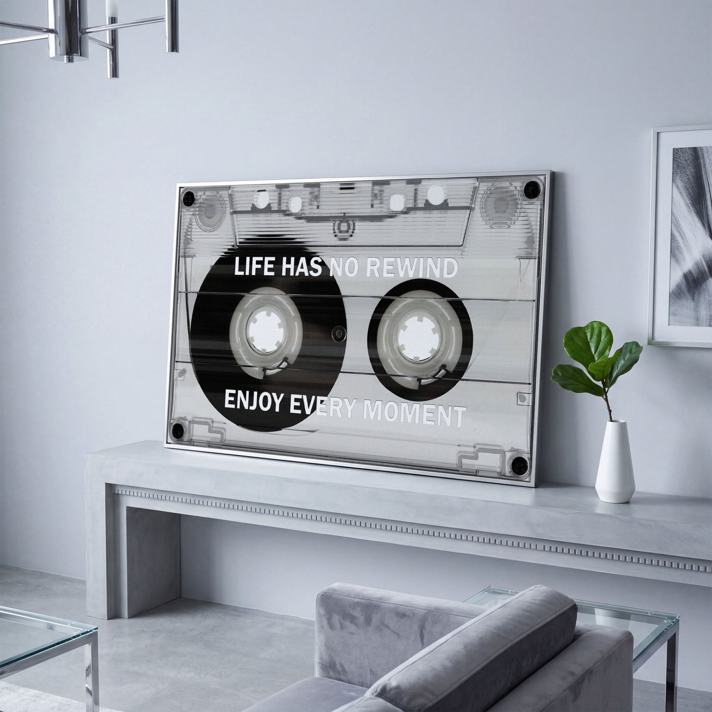 Cassette Tape Motivational Quote Canvas Wall Art in silver floating frame