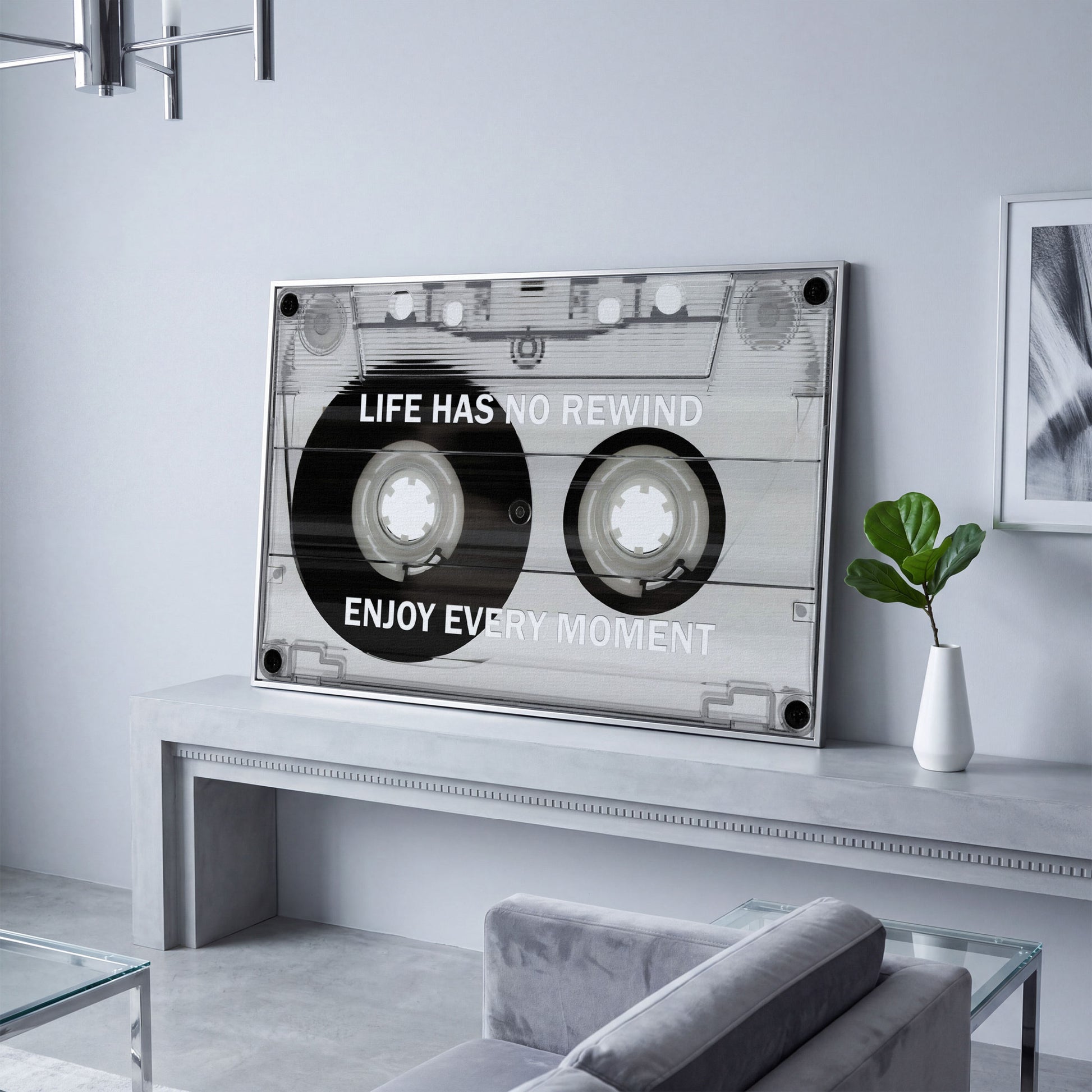 Cassette Tape Motivational Quote Canvas Wall Art in silver floating frame