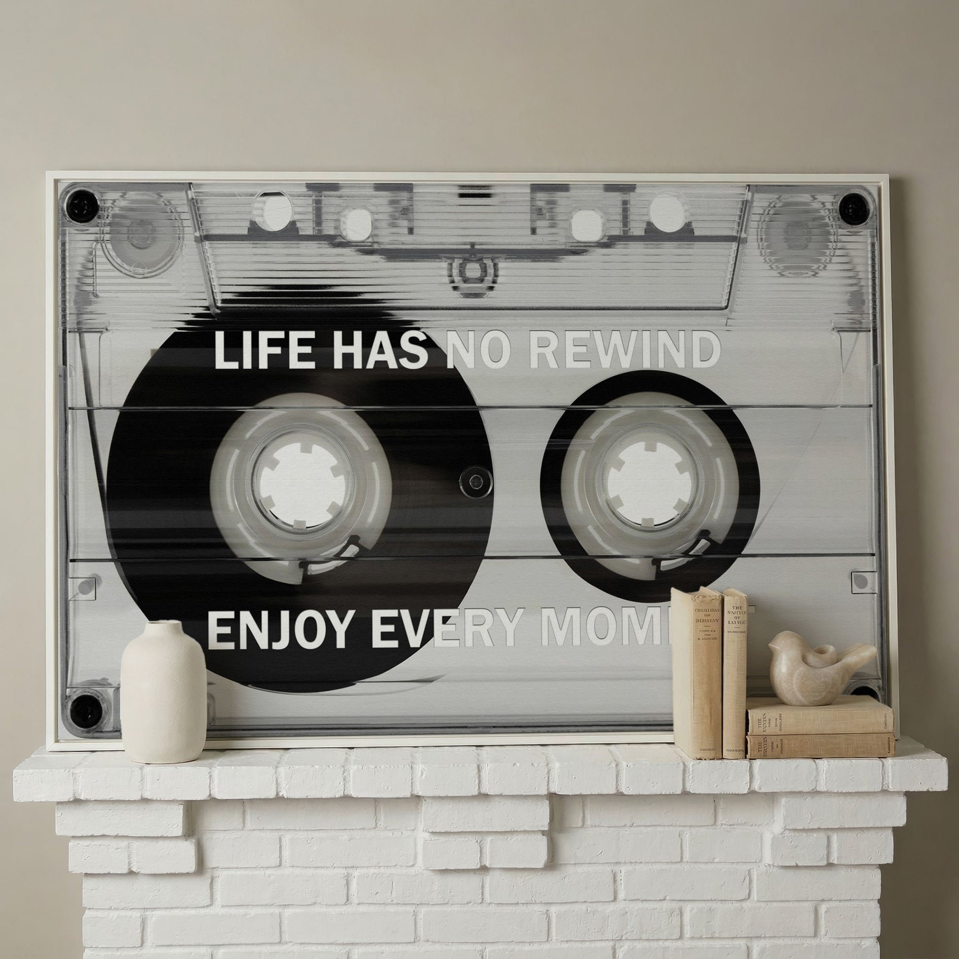 Cassette Tape Motivational Quote Canvas Wall Art in white floating frame