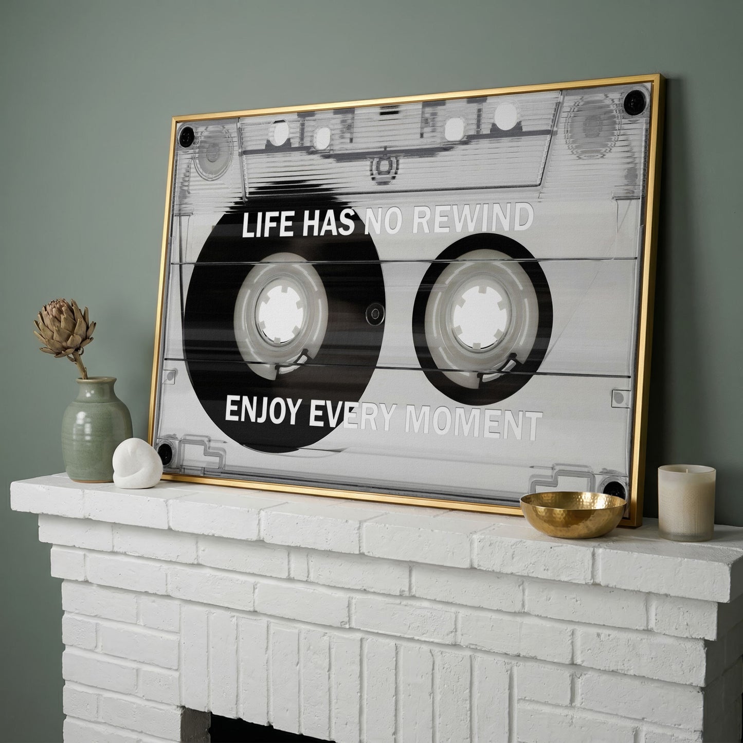 Cassette Tape Motivational Quote Canvas Wall Art in yellow gold floating frame