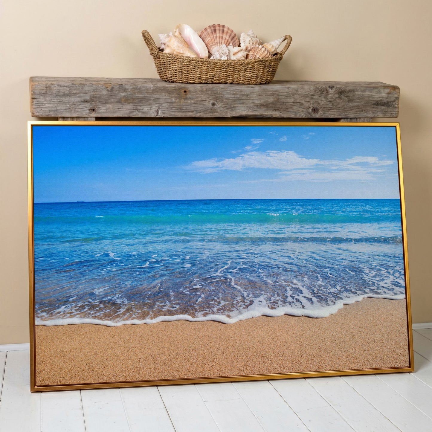 Calm Shore: Panoramic Beach Canvas Wall Art in antique gold floating frame