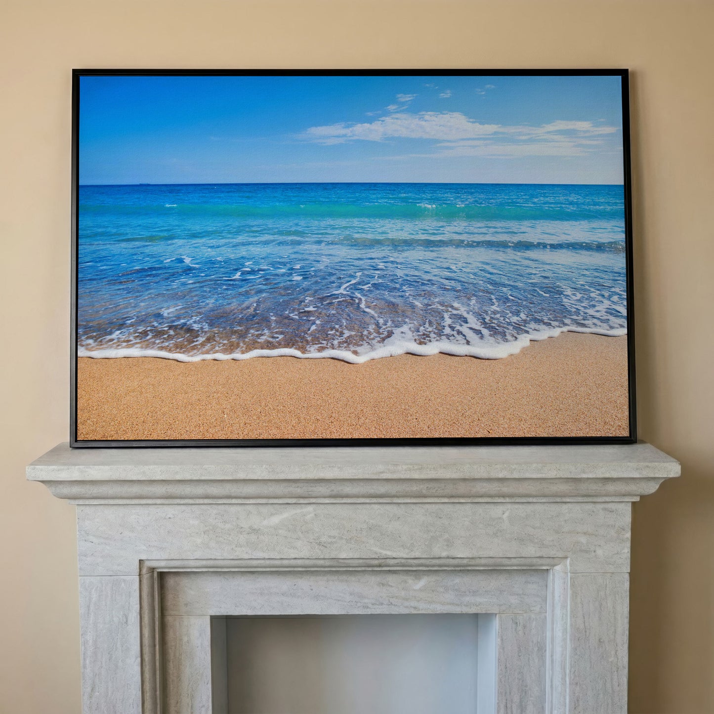 Calm Shore: Panoramic Beach Canvas Wall Art in black floating frame