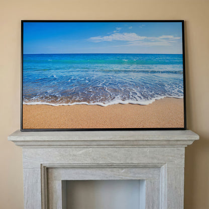 Calm Shore: Panoramic Beach Canvas Wall Art in black floating frame