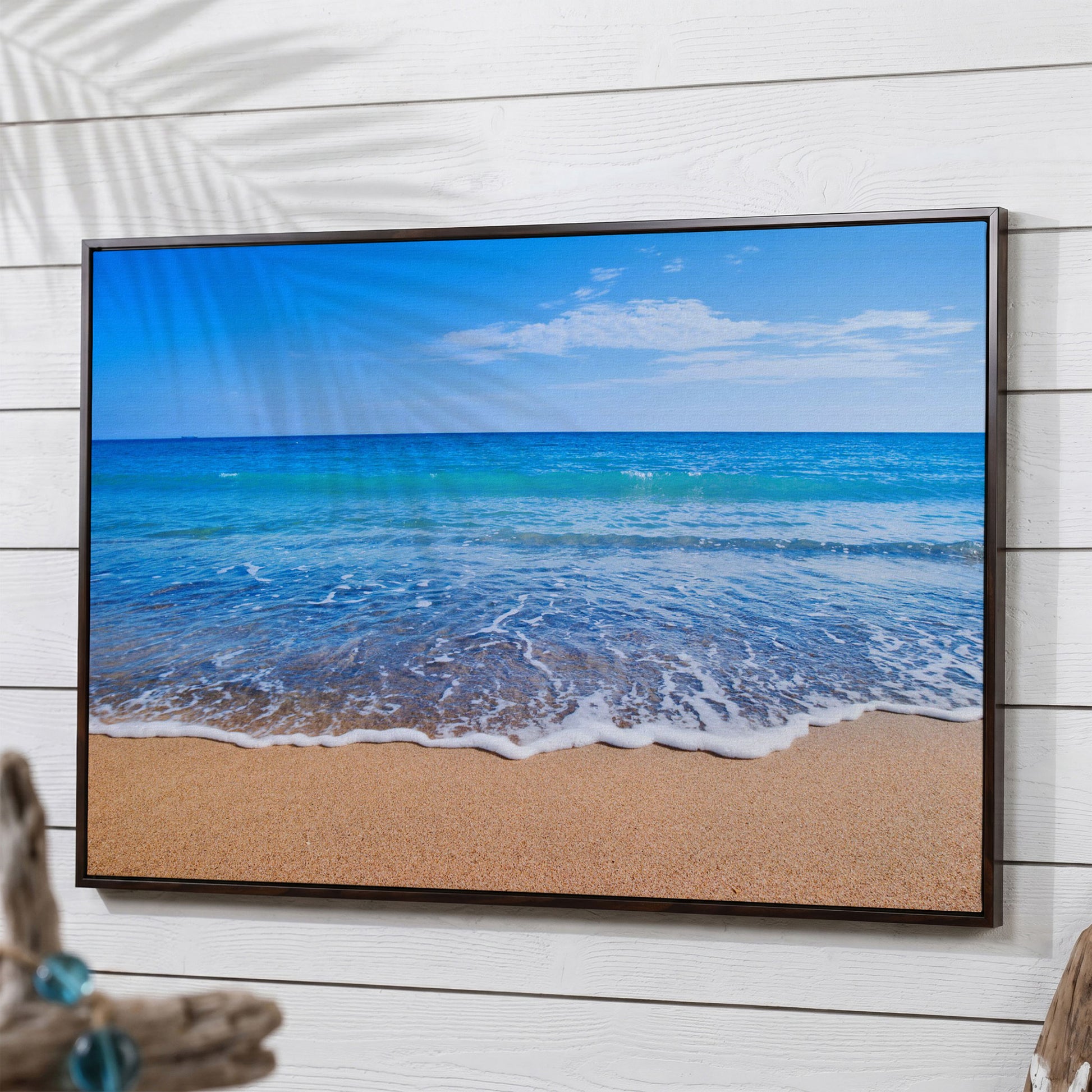 Calm Shore: Panoramic Beach Canvas Wall Art in dark walnut floating frame