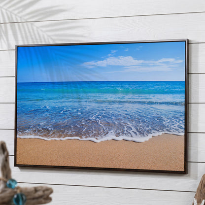 Calm Shore: Panoramic Beach Canvas Wall Art in dark walnut floating frame