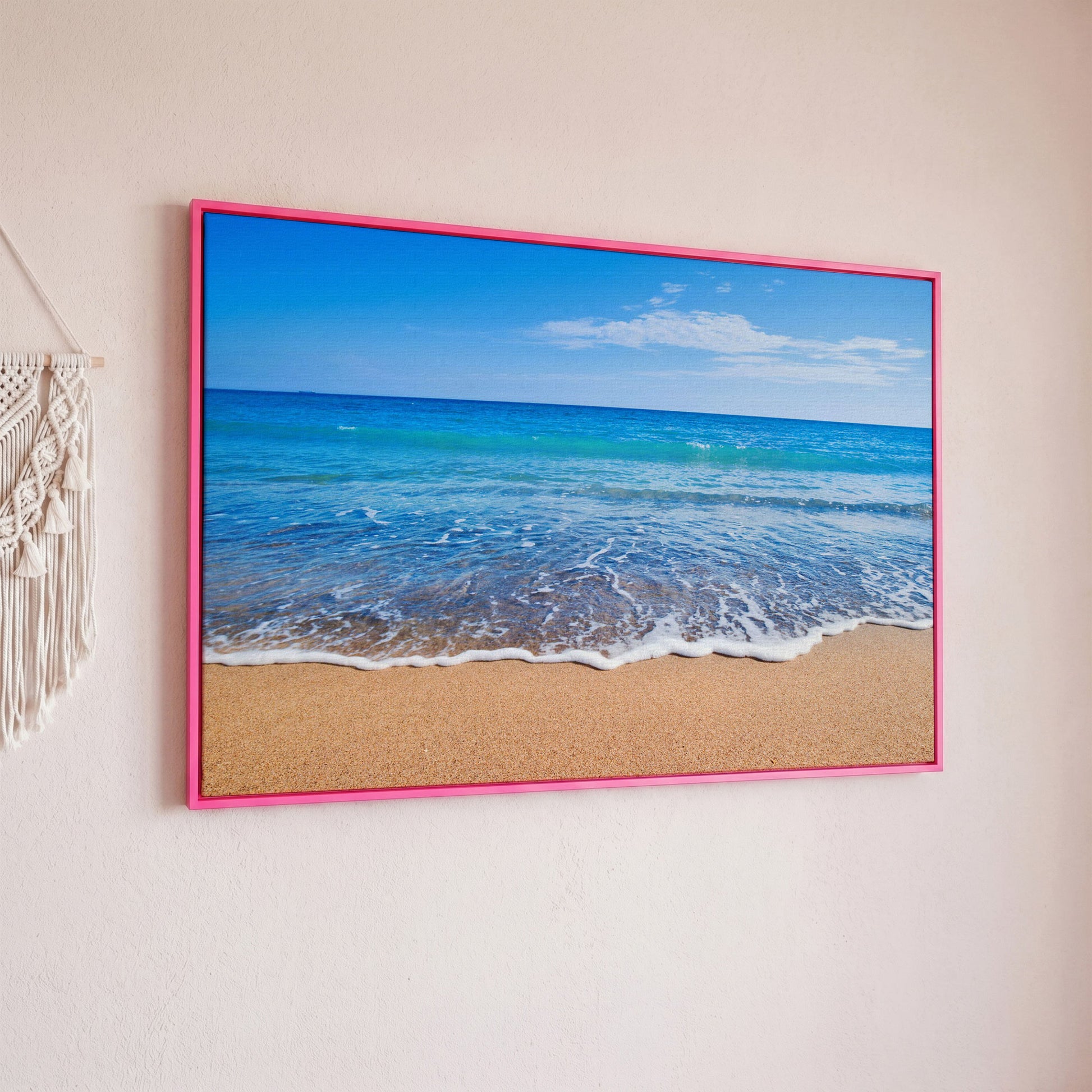 Calm Shore: Panoramic Beach Canvas Wall Art in pink floating frame