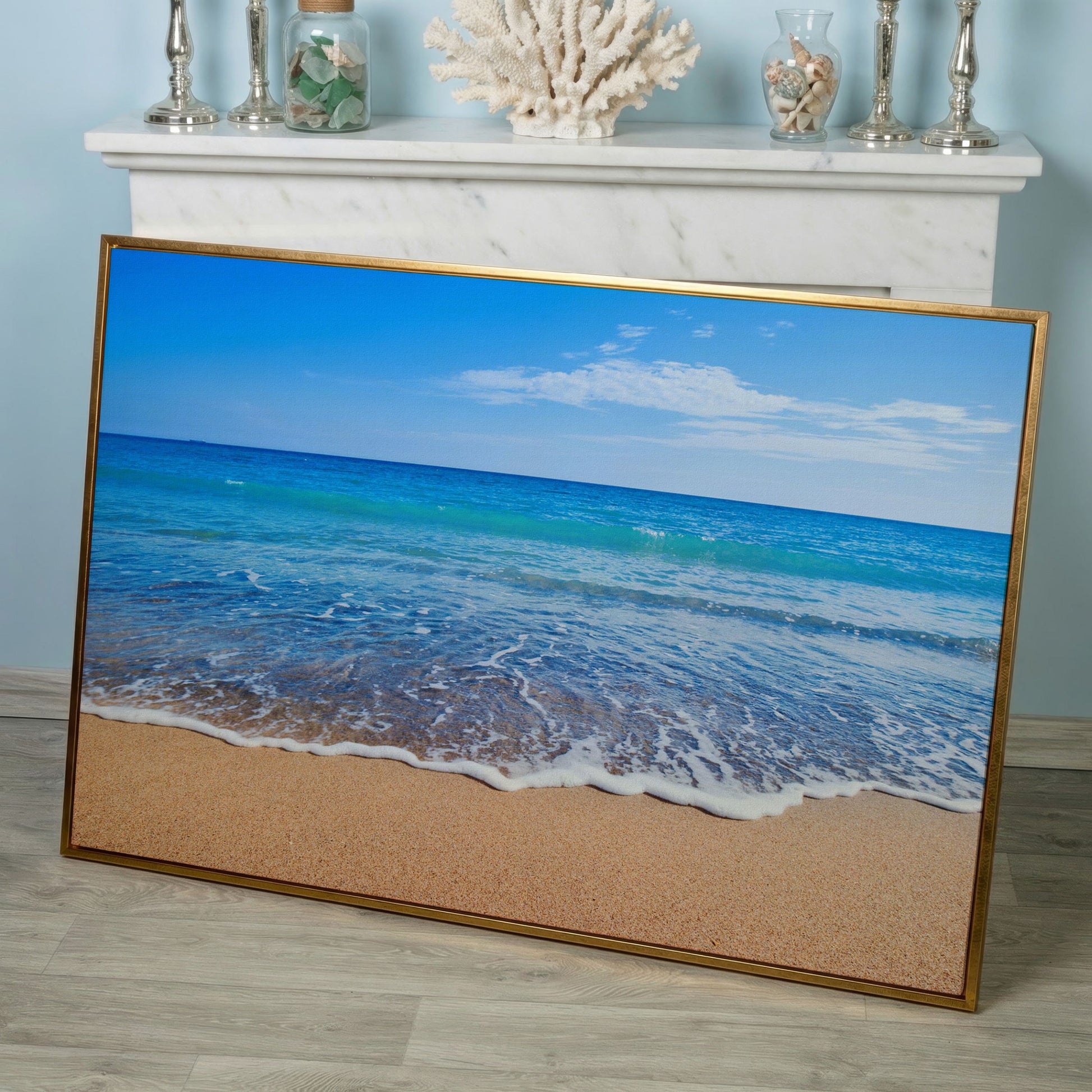 Calm Shore: Panoramic Beach Canvas Wall Art in rose gold floating frame