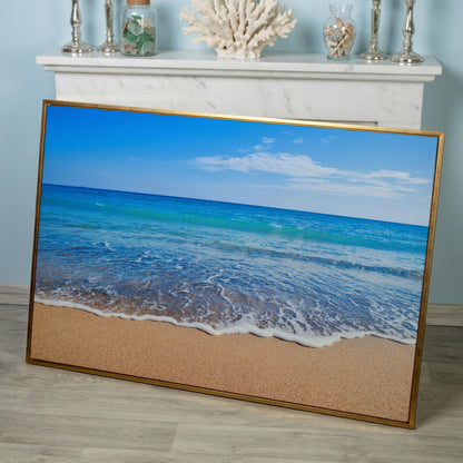 Calm Shore: Panoramic Beach Canvas Wall Art in rose gold floating frame