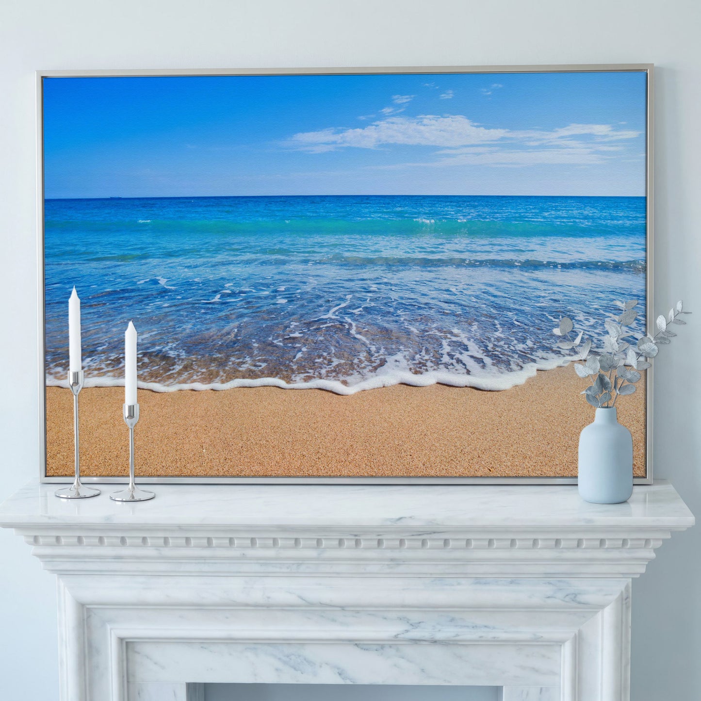 Calm Shore: Panoramic Beach Canvas Wall Art in silver floating frame