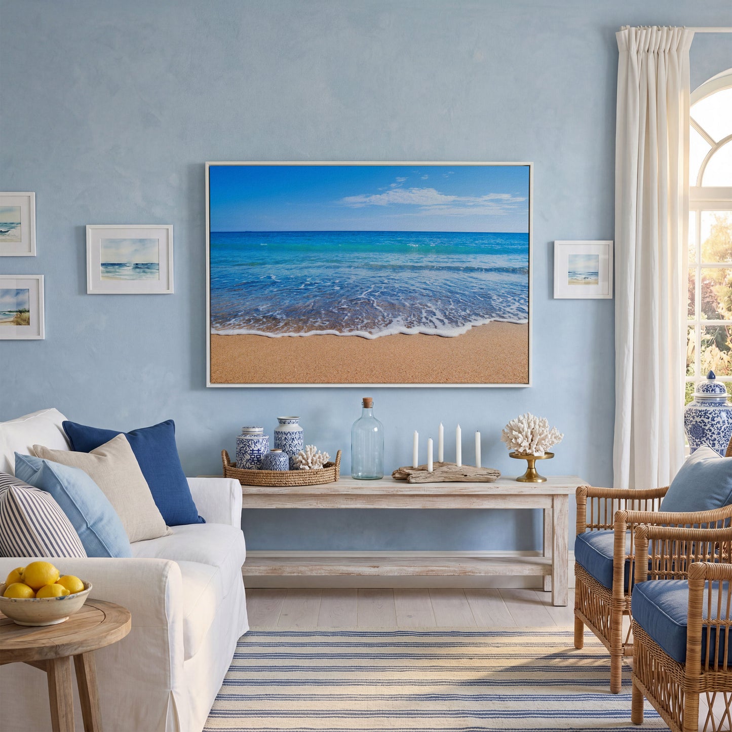 Calm Shore: Panoramic Beach Canvas Wall Art in white floating frame