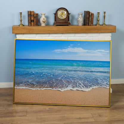 Calm Shore: Panoramic Beach Canvas Wall Art in yellow gold floating frame