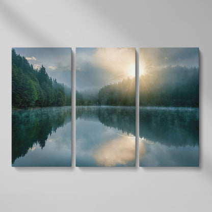 Foggy Lake Reflection at Dawn, Misty Forest Canvas Wall Art as 3-panel split version