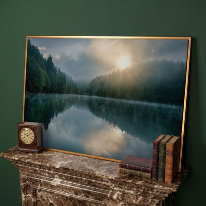 Foggy Lake Reflection at Dawn, Misty Forest Canvas Wall Art in antique gold floating frame