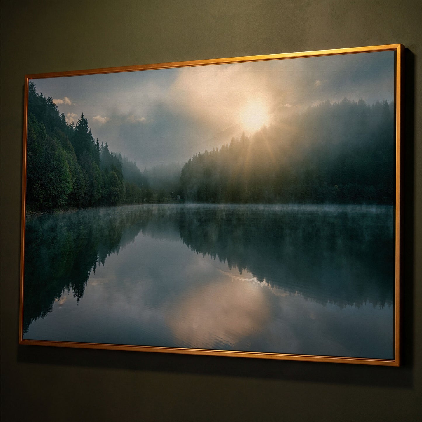 Foggy Lake Reflection at Dawn, Misty Forest Canvas Wall Art shown in antique gold floating frame