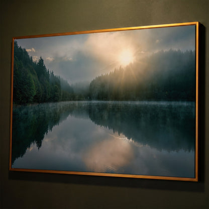 Foggy Lake Reflection at Dawn, Misty Forest Canvas Wall Art shown in antique gold floating frame