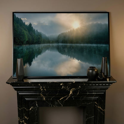Foggy Lake Reflection at Dawn, Misty Forest Canvas Wall Art in black floating frame