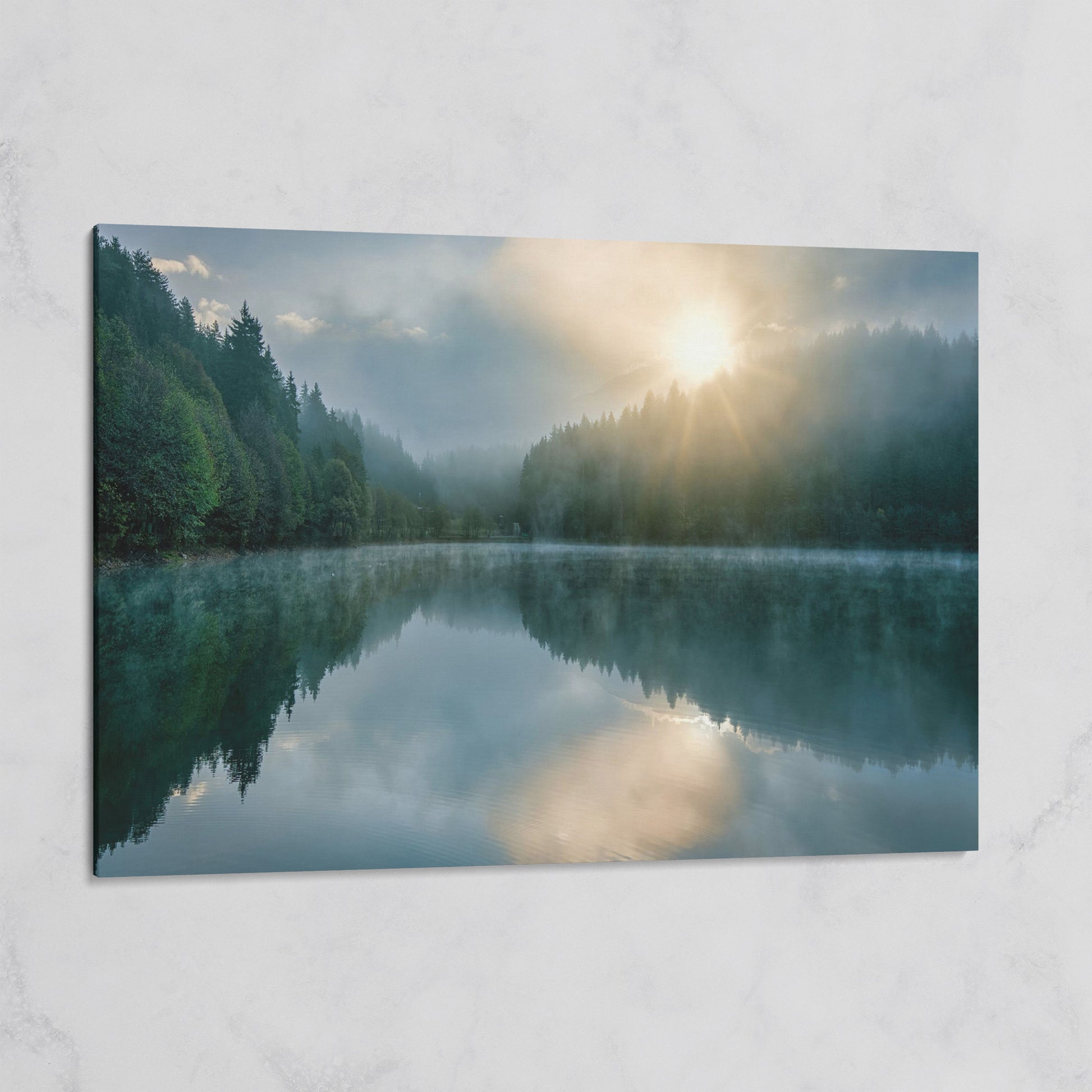 Foggy Lake Reflection at Dawn, Misty Forest Canvas Wall Art on gallery wrap