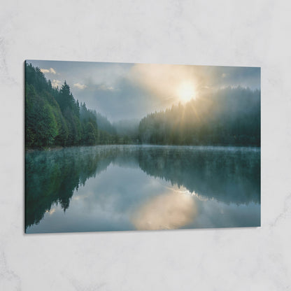 Foggy Lake Reflection at Dawn, Misty Forest Canvas Wall Art on gallery wrap
