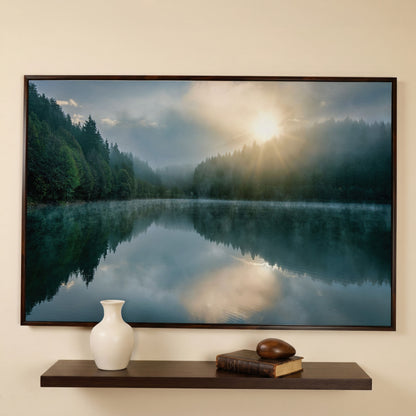 Foggy Lake Reflection at Dawn, Misty Forest Canvas Wall Art in dark walnut floating frame