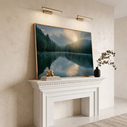 Foggy Lake Reflection at Dawn, Misty Forest Canvas Wall Art in white oak floating frame