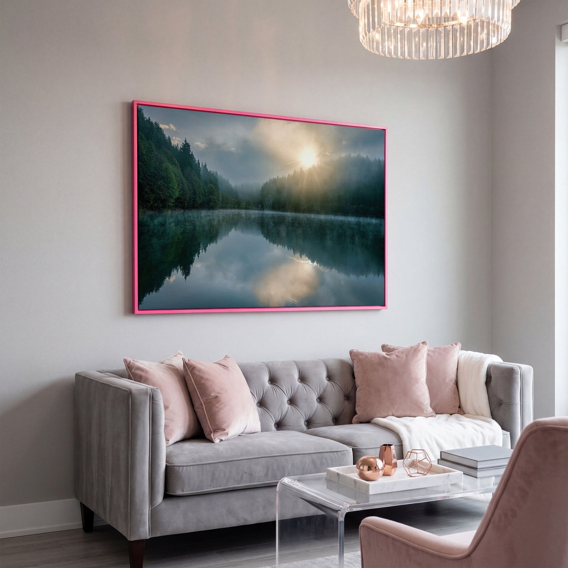 Foggy Lake Reflection at Dawn, Misty Forest Canvas Wall Art in pink floating frame