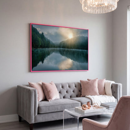 Foggy Lake Reflection at Dawn, Misty Forest Canvas Wall Art in pink floating frame