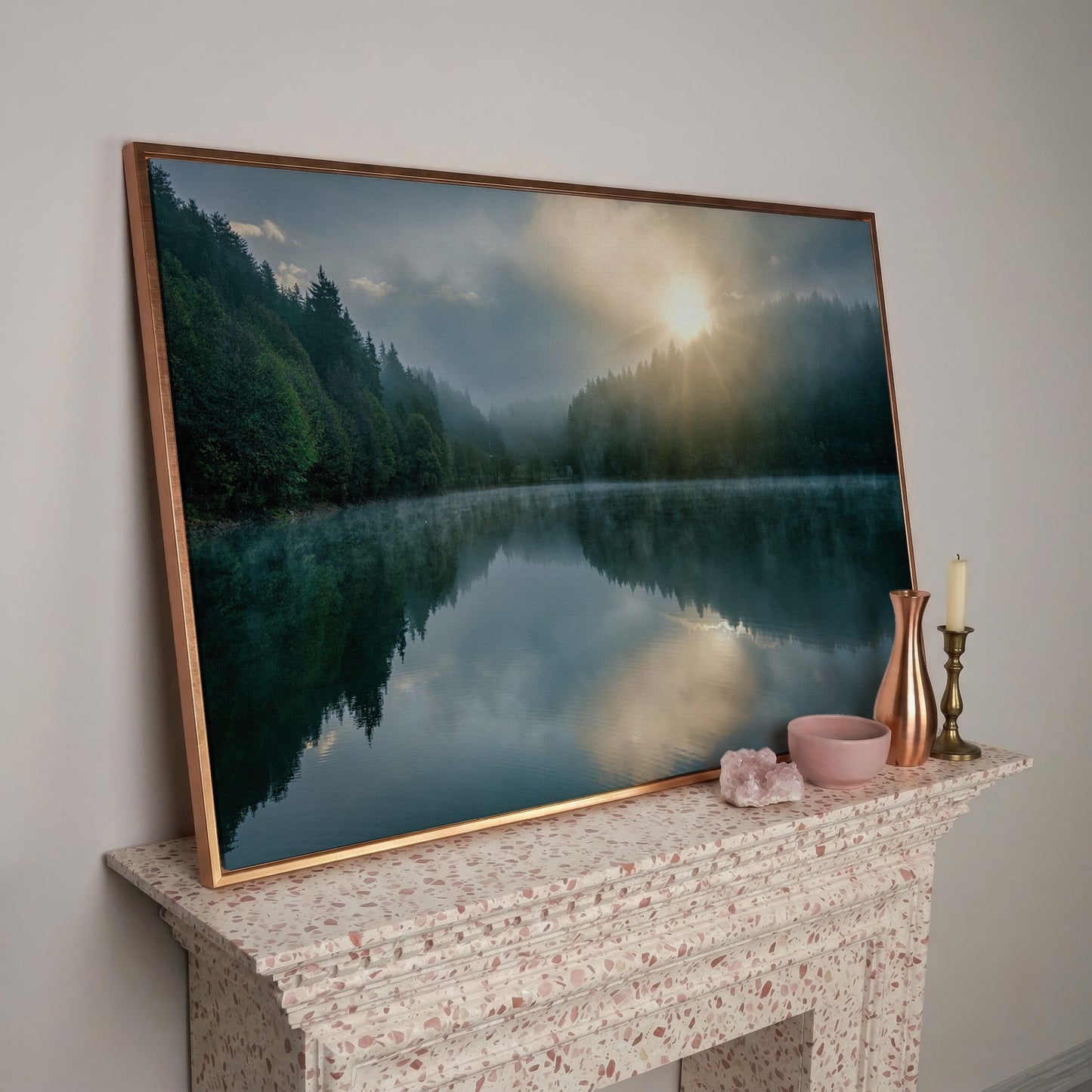 Foggy Lake Reflection at Dawn, Misty Forest Canvas Wall Art in rose gold floating frame