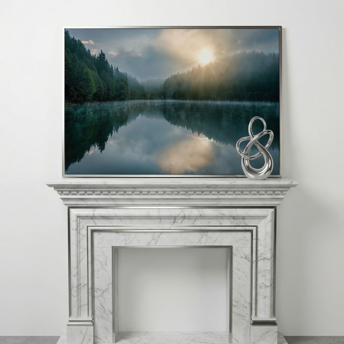Foggy Lake Reflection at Dawn, Misty Forest Canvas Wall Art in silver floating frame