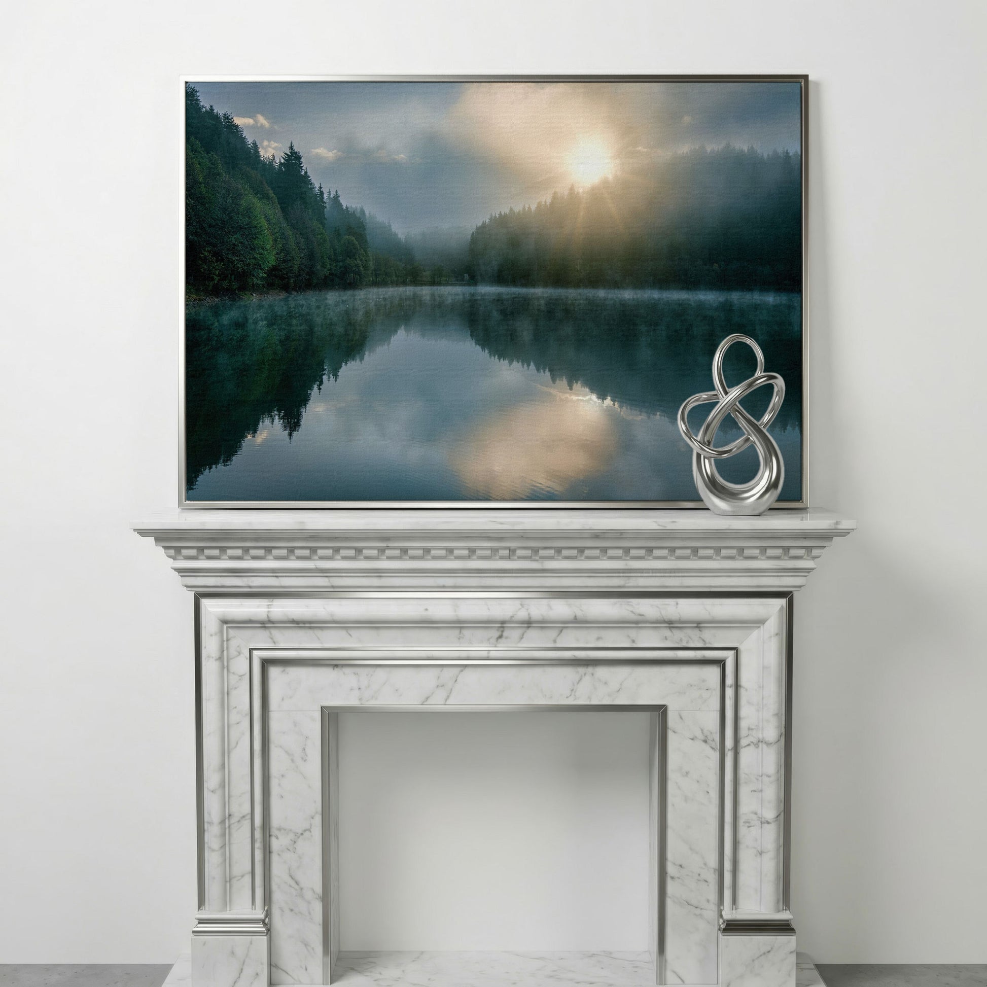 Foggy Lake Reflection at Dawn, Misty Forest Canvas Wall Art in silver floating frame