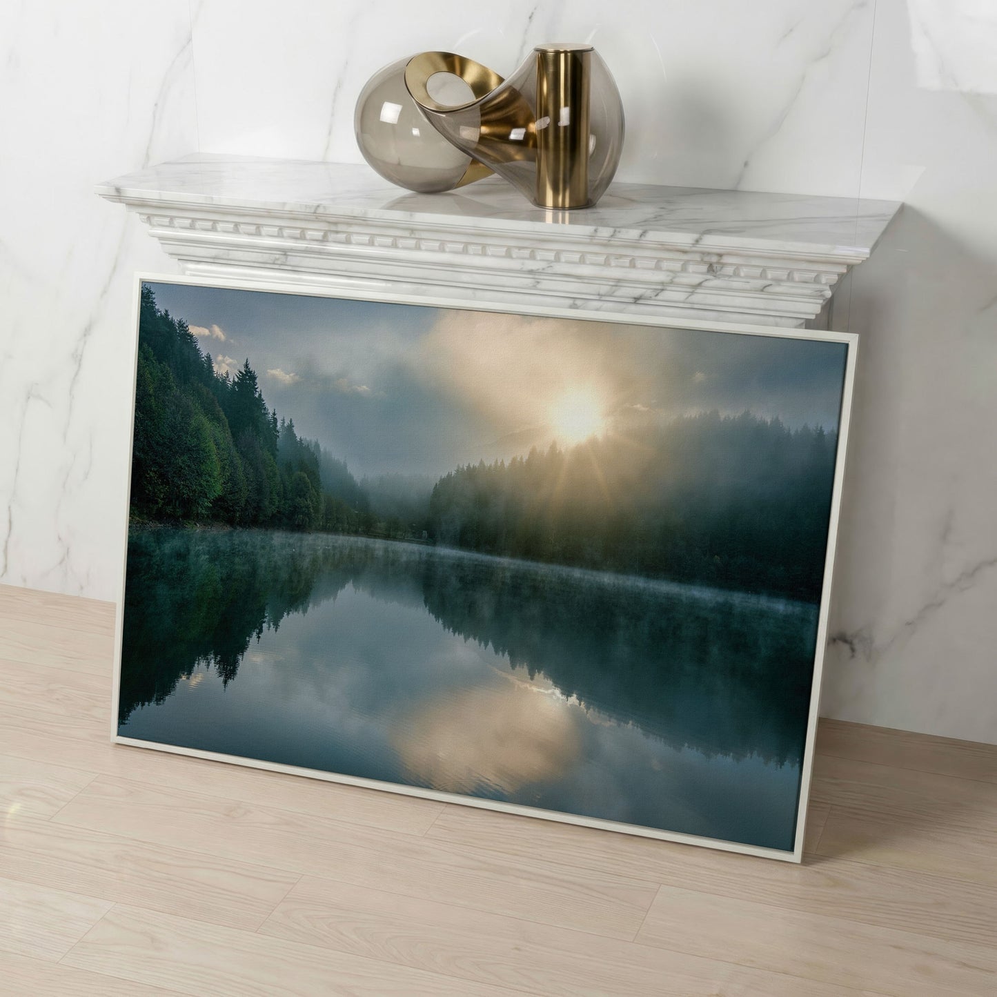 Foggy Lake Reflection at Dawn, Misty Forest Canvas Wall Art in white floating frame