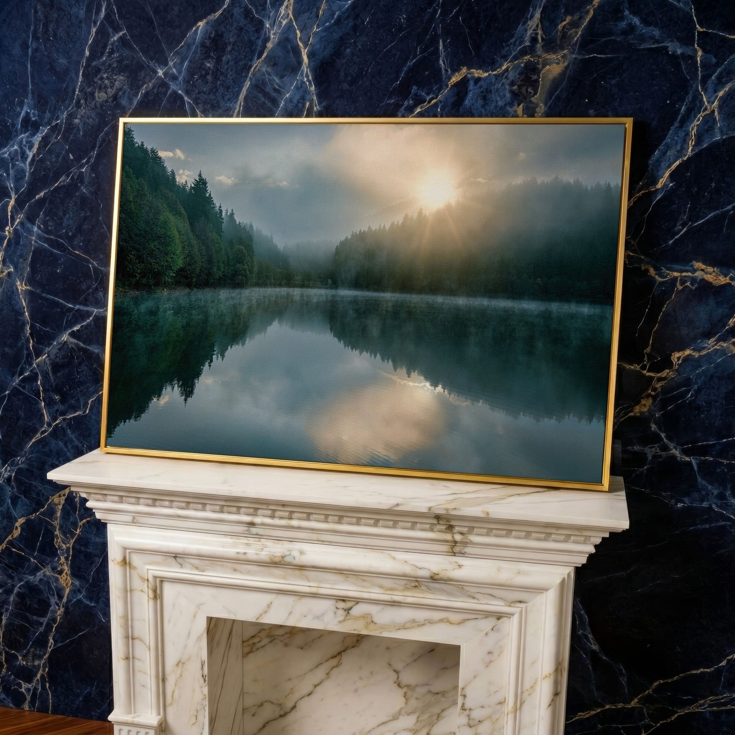 Foggy Lake Reflection at Dawn, Misty Forest Canvas Wall Art in yellow gold floating frame