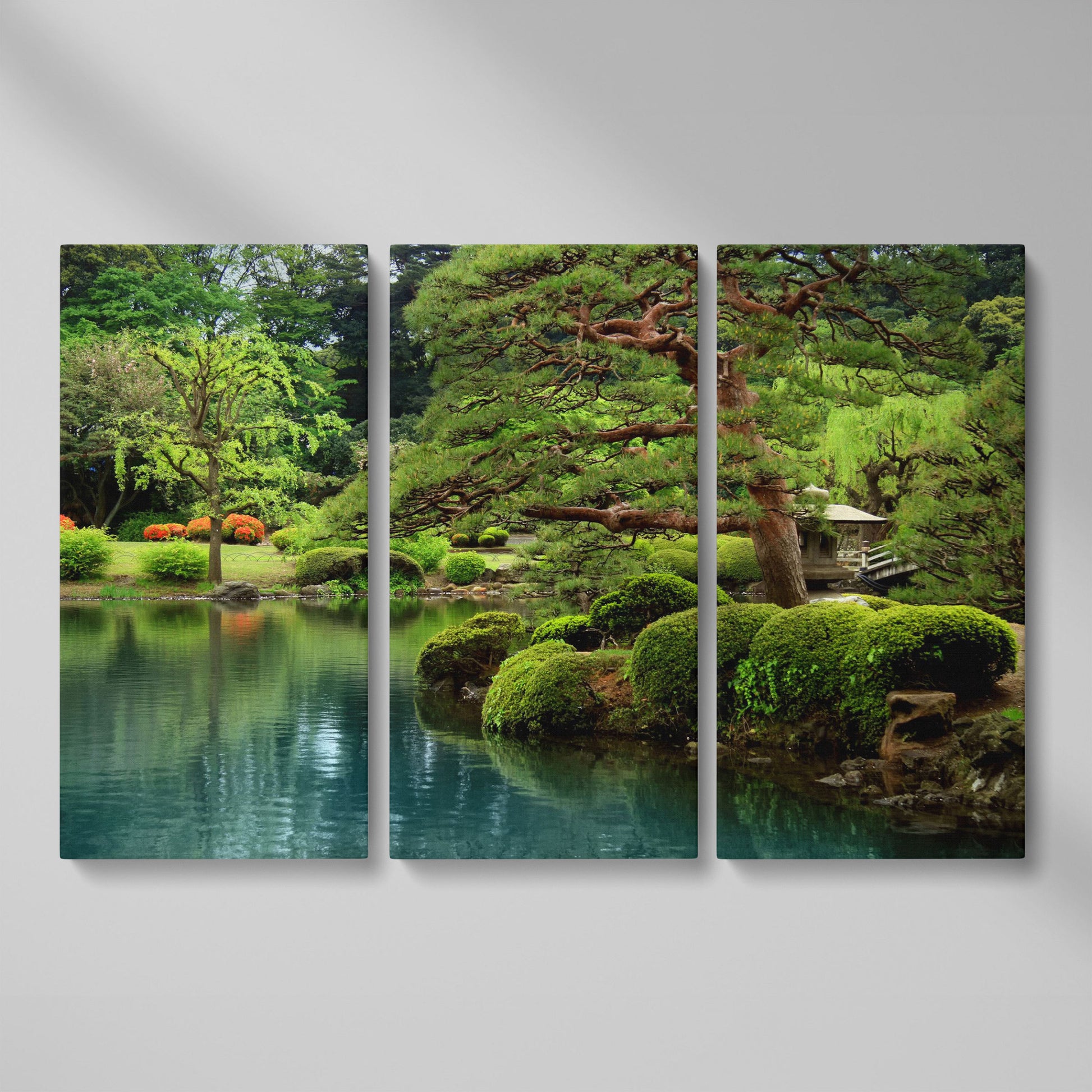 Japanese Zen Garden with Bonsai and Stone Lantern Canvas Art as 3-panel split version