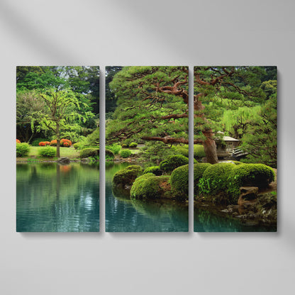 Japanese Zen Garden with Bonsai and Stone Lantern Canvas Art as 3-panel split version