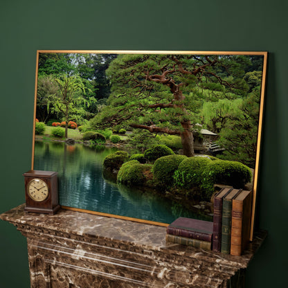 Japanese Zen Garden with Bonsai and Stone Lantern Canvas Art in antique gold floating frame