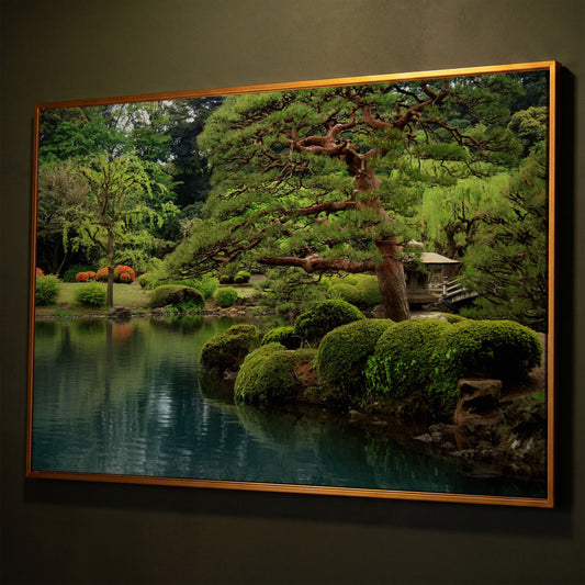 Japanese Zen Garden with Bonsai and Stone Lantern Canvas Art shown in antique gold floating frame