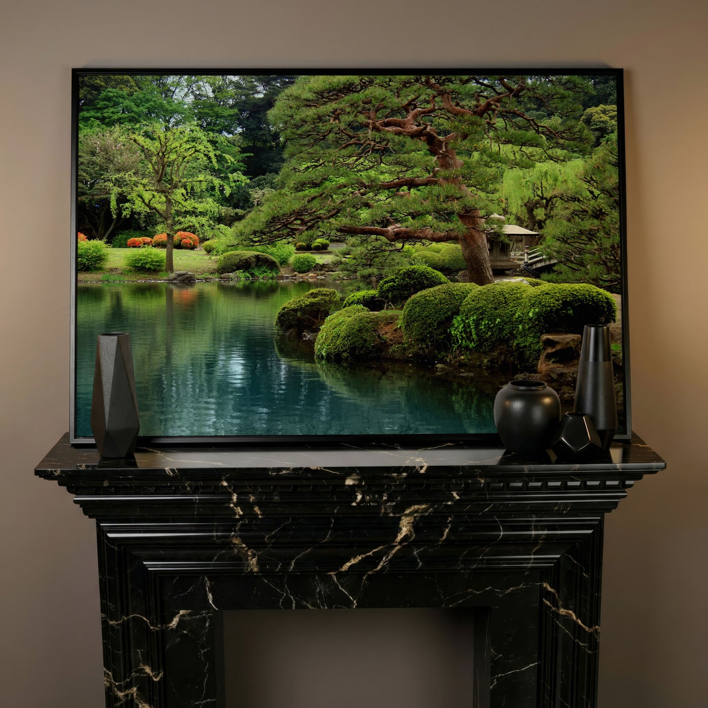 Japanese Zen Garden with Bonsai and Stone Lantern Canvas Art in black floating frame
