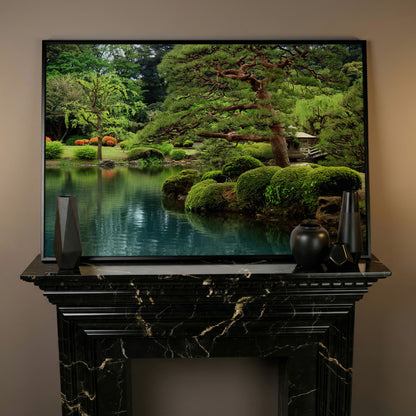 Japanese Zen Garden with Bonsai and Stone Lantern Canvas Art in black floating frame