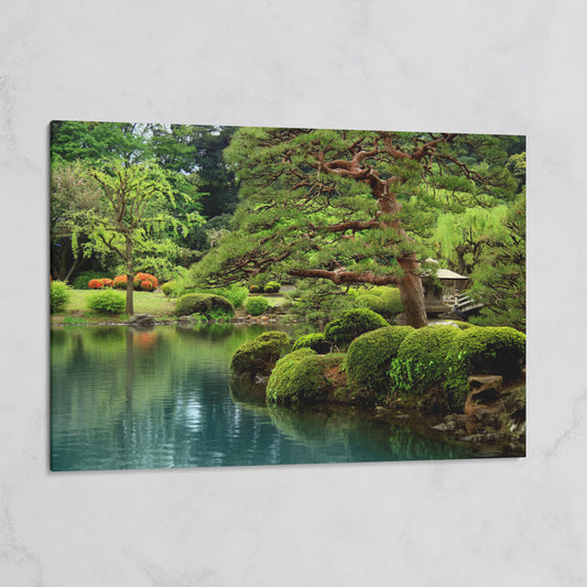 Japanese Zen Garden with Bonsai and Stone Lantern Canvas Art on gallery wrap