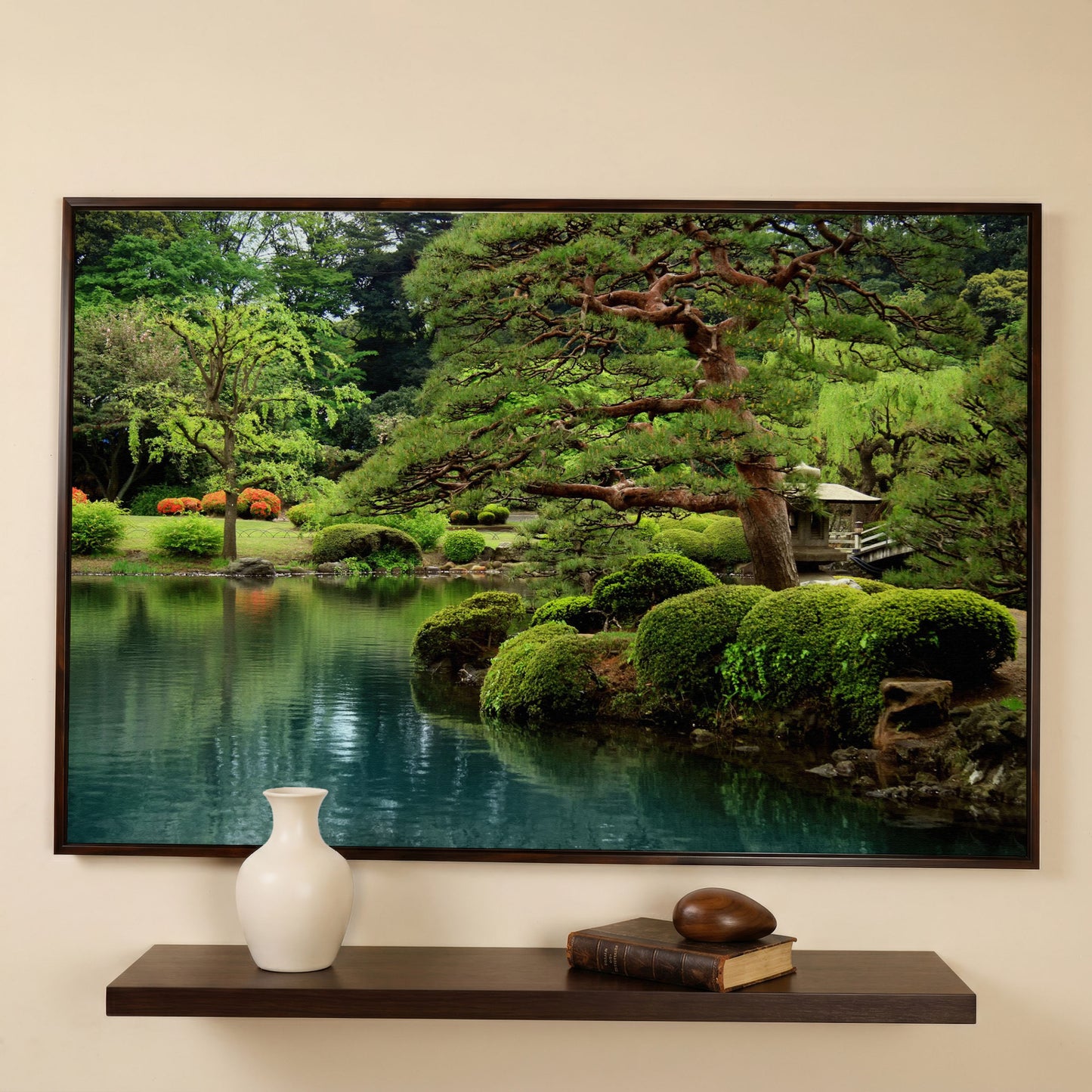 Japanese Zen Garden with Bonsai and Stone Lantern Canvas Art in dark walnut floating frame