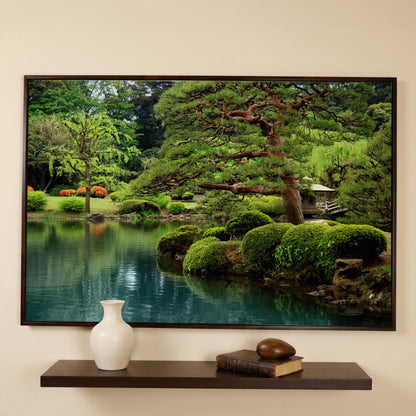 Japanese Zen Garden with Bonsai and Stone Lantern Canvas Art in dark walnut floating frame