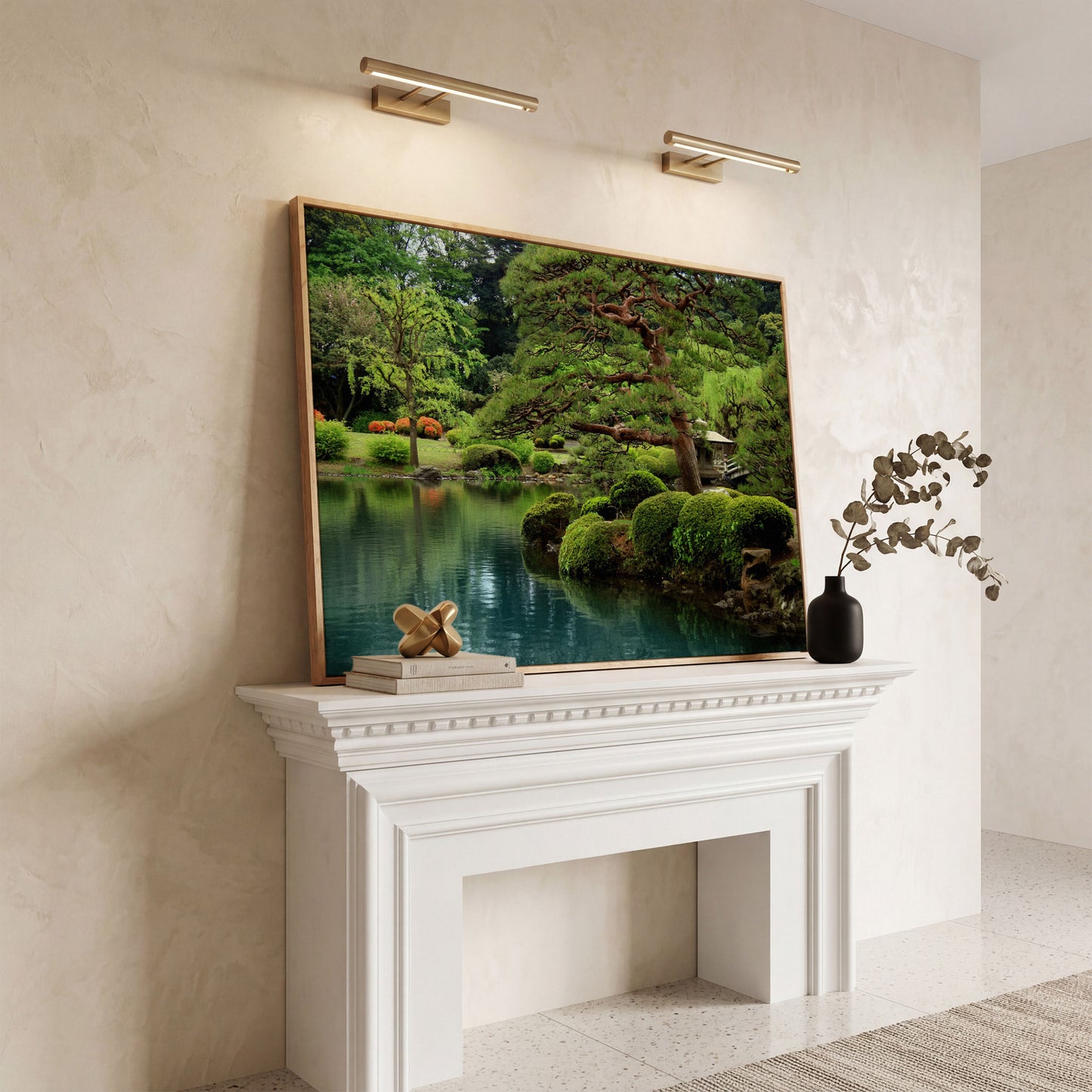 Japanese Zen Garden with Bonsai and Stone Lantern Canvas Art in white oak floating frame