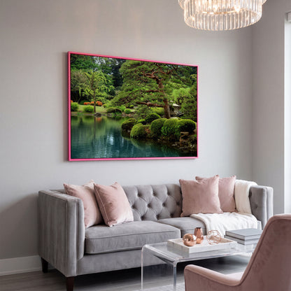 Japanese Zen Garden with Bonsai and Stone Lantern Canvas Art in pink floating frame