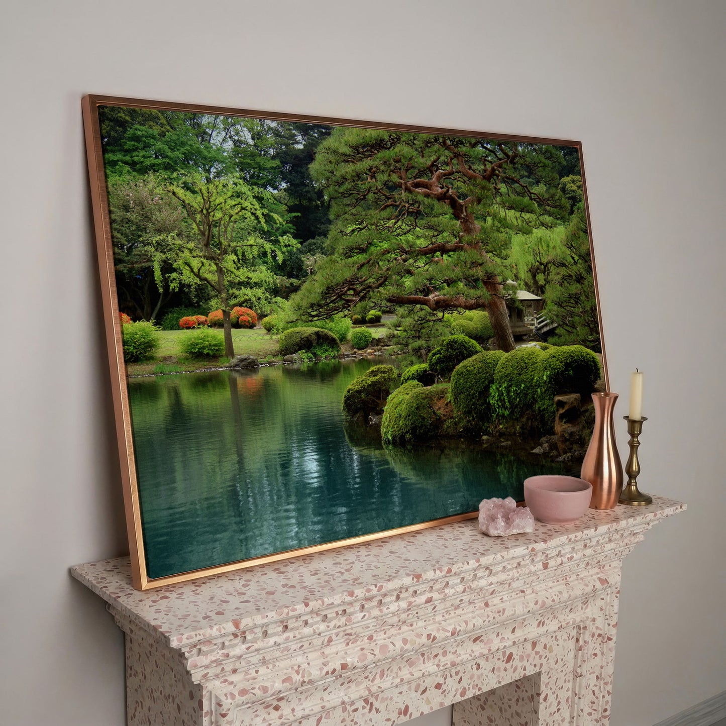 Japanese Zen Garden with Bonsai and Stone Lantern Canvas Art in rose gold floating frame
