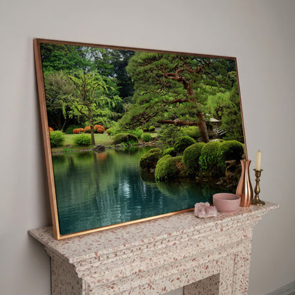 Japanese Zen Garden with Bonsai and Stone Lantern Canvas Art in rose gold floating frame